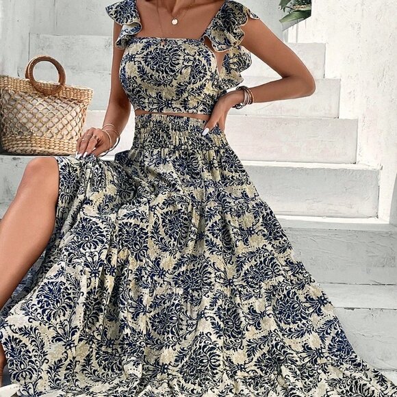 . Dresses & Skirts - Multicolor Casual Womens Allover Print Ruffle Trim Top & Skirt